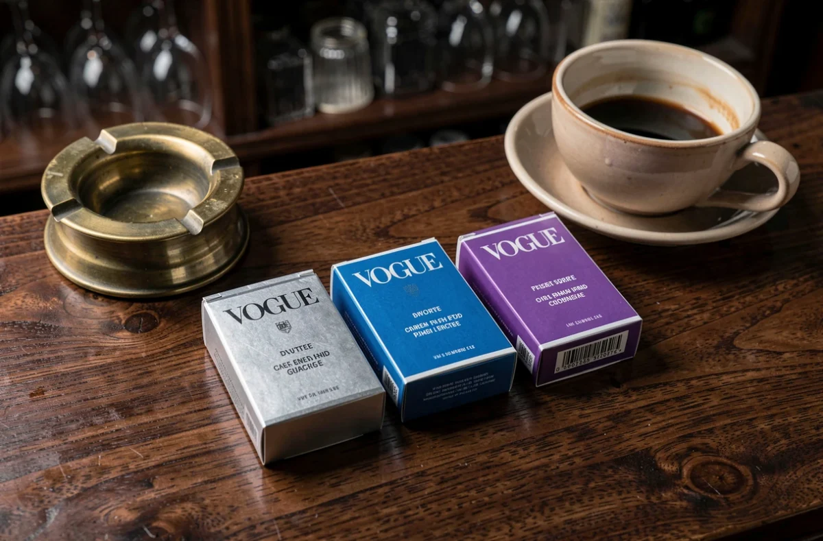 Paquets de cigarettes Vogue différentes couleurs disposés en flat lay sur comptoir en bois sombre avec cendrier vintage