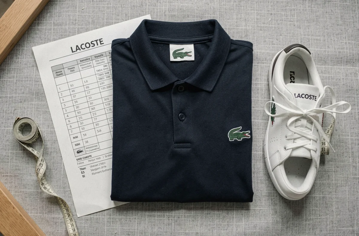 Flat lay avec tableau des tailles Lacoste, polo marine, baskets blanches et mètre ruban sur surface en lin gris