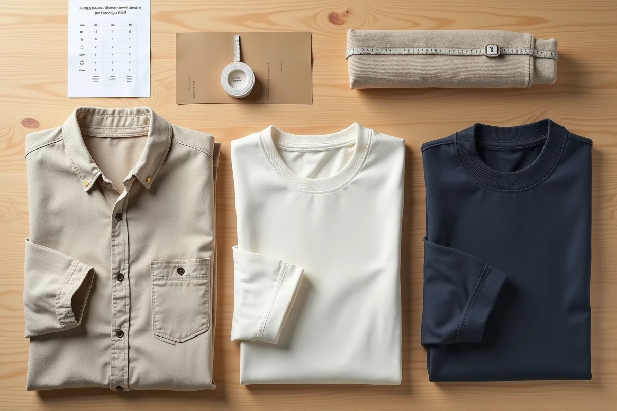 Flatlay de vêtements Uniqlo oversize pliés avec un guide des tailles et un mètre ruban sur une table en bois, pour illustrer les conseils de choix de taille