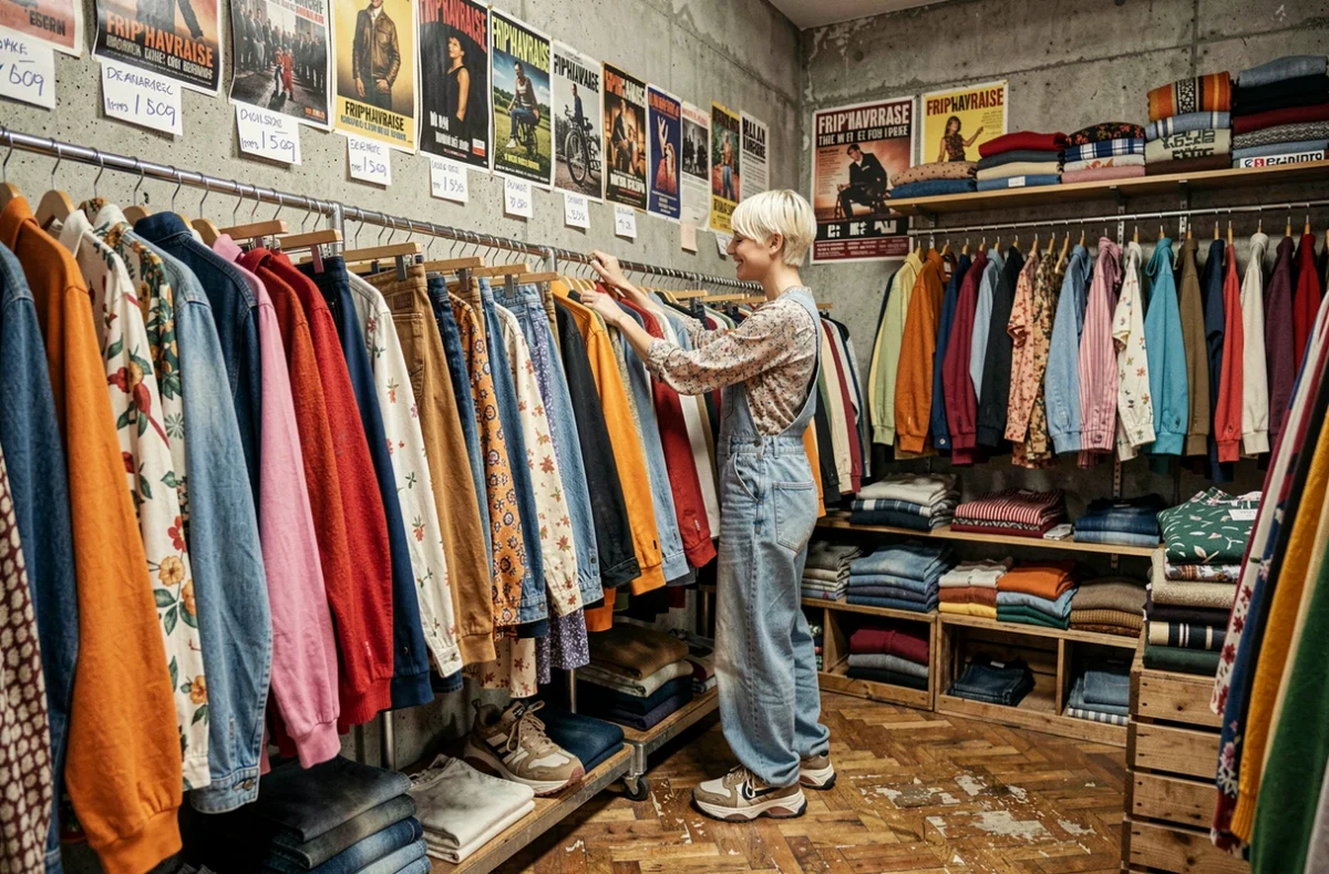 Intérieur coloré et chargé de la friperie Frip'Havraise au Havre, avec des vêtements vintage entassés sur des portants et une jeune femme fouillant joyeusement dans les rayons