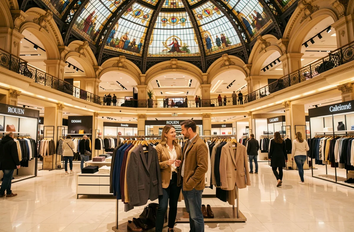 Intérieur majestueux des Galeries Lafayette de Rouen avec son célèbre dôme en verre coloré et ses rayons de mode remplis de clients parcourant les collections