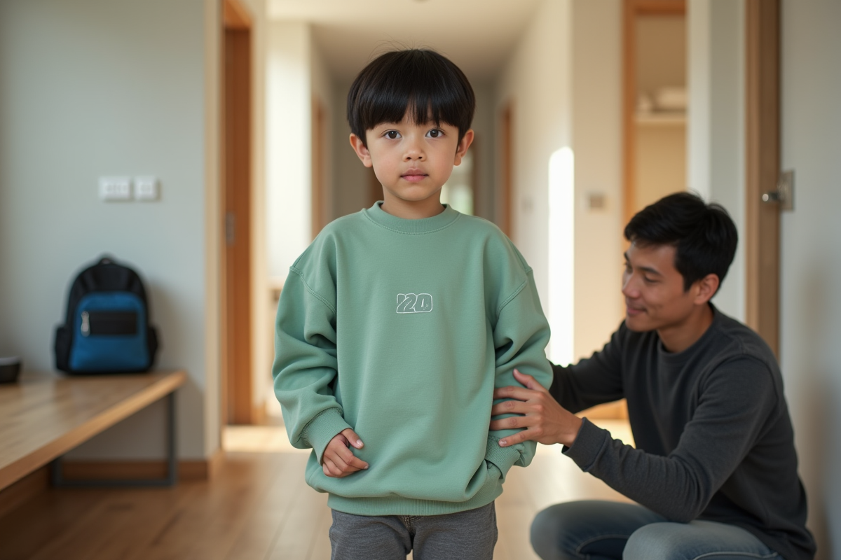 Garçon essayant un sweat dans un couloir lumineux