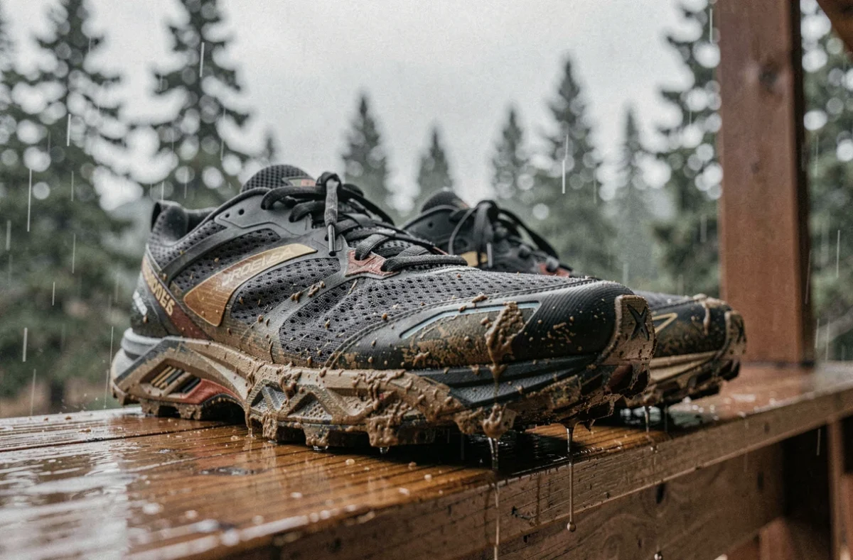 Gros plan détaillé des Brooks Divide 5 après une course trail sous la pluie, semelles boueuses et mesh trempé visible