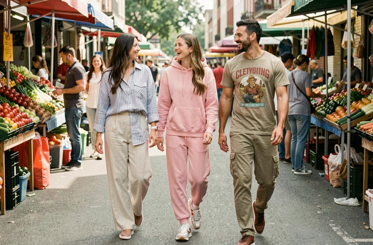 Groupe d'amis portant différentes tenues casual dans un marché de rue animé, styles décontractés variés