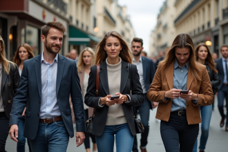 Groupe divers d'adultes dans une rue parisienne animée