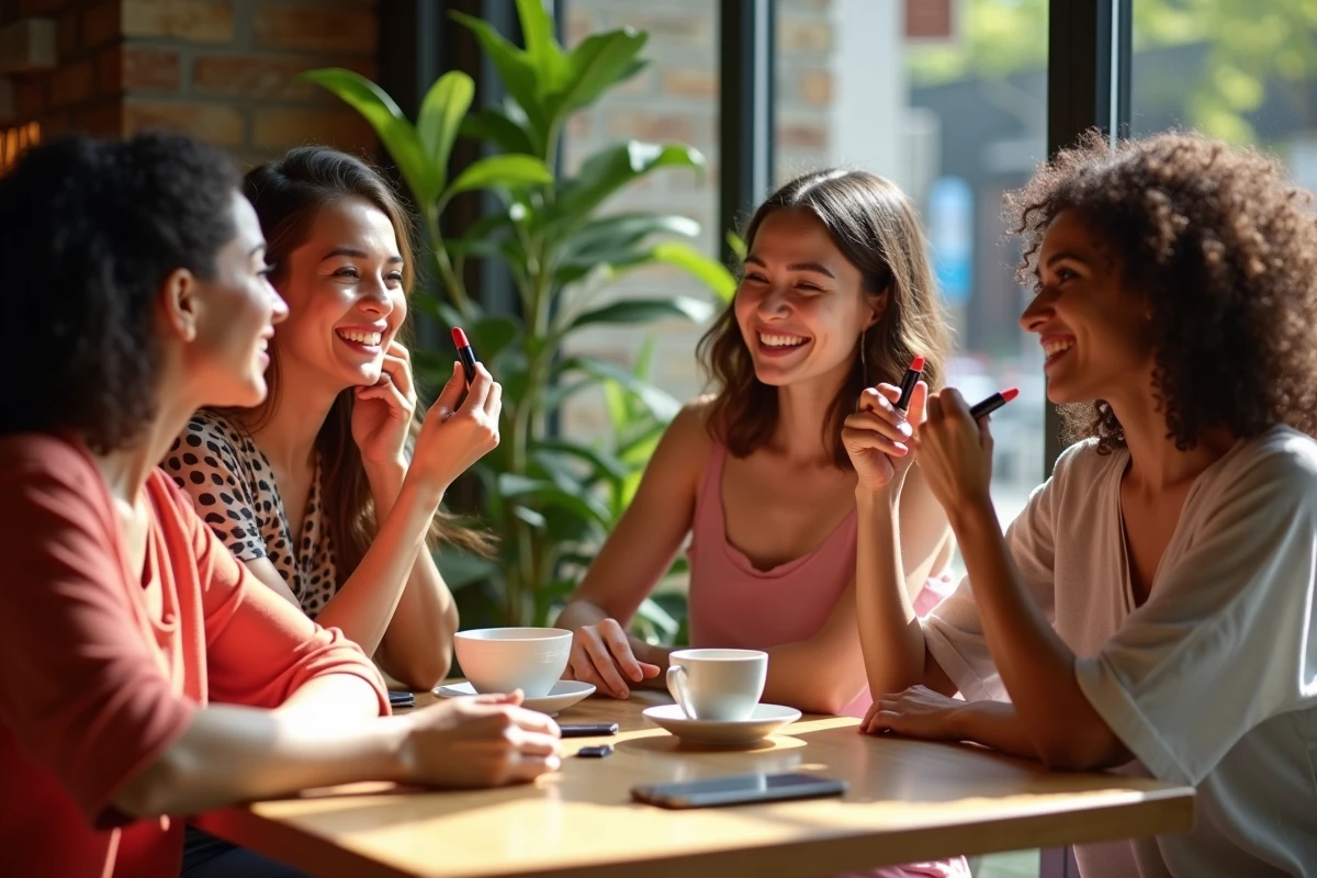 Groupe de femmes riant avec rouge à lèvres au café