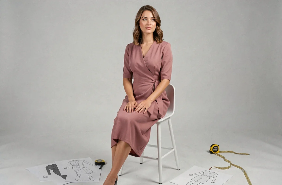 Femme en robe portefeuille assise en studio avec mètre ruban au sol illustrant le guide des morphologies féminines