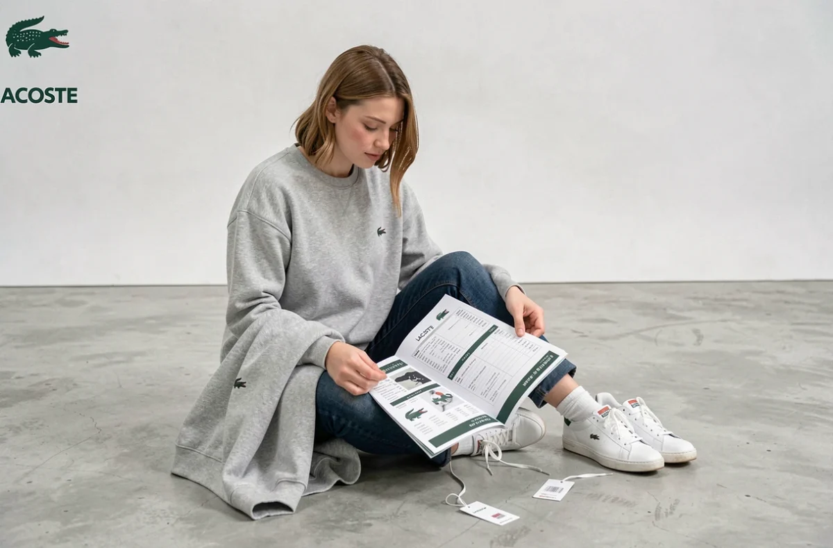 Femme consultant un guide des tailles Lacoste avec un sweat et des baskets posés autour d'elle en studio