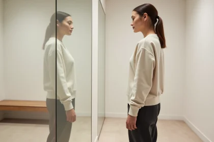 Jeune femme essayant un sweatshirt oversize Uniqlo dans une cabine d'essayage minimaliste, évaluant le rendu de la taille devant un miroir