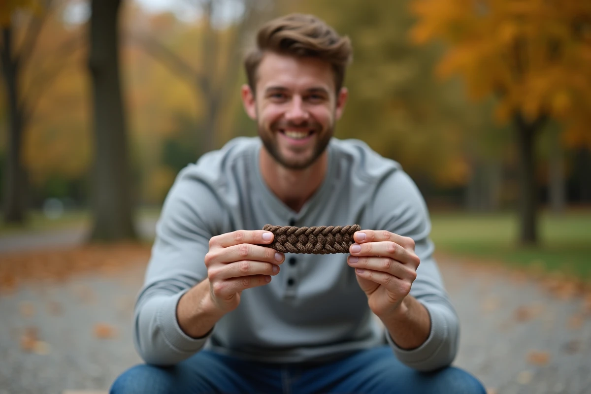 Homme tenant un bracelet paracord fait main à l'extérieur dans un parc en automne