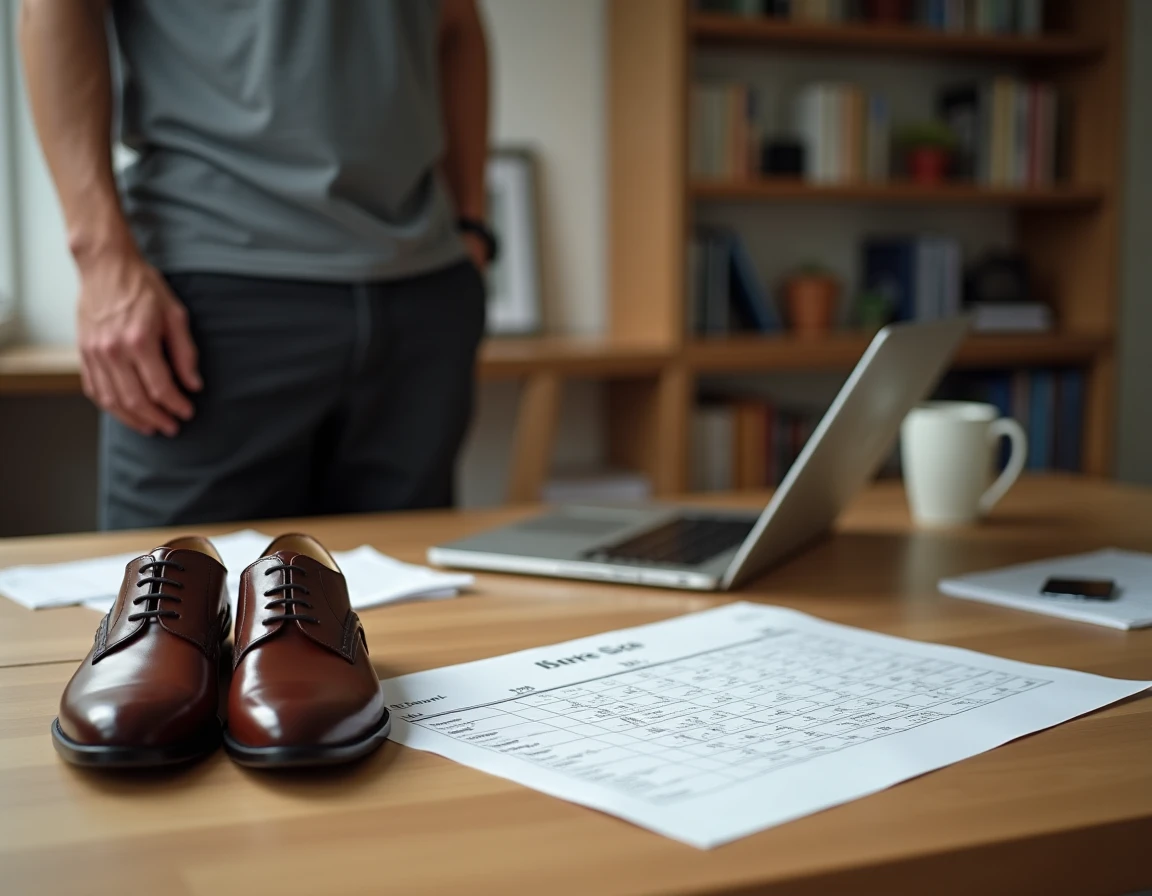 Homme consultant un tableau de conversion de pointures UK et françaises à son bureau avec des chaussures Oxford posées à côté