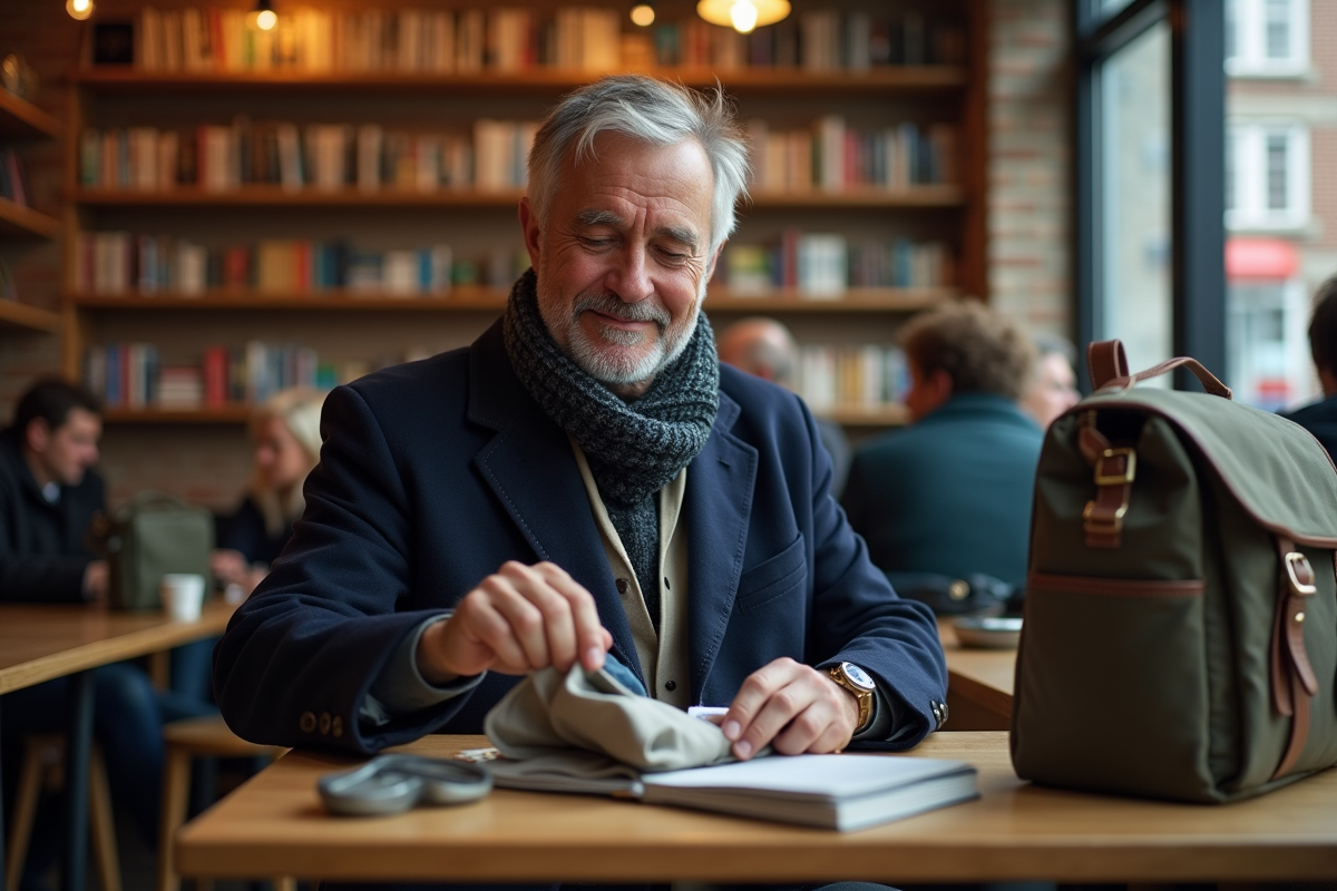 Homme organisant ses affaires dans un café intérieur