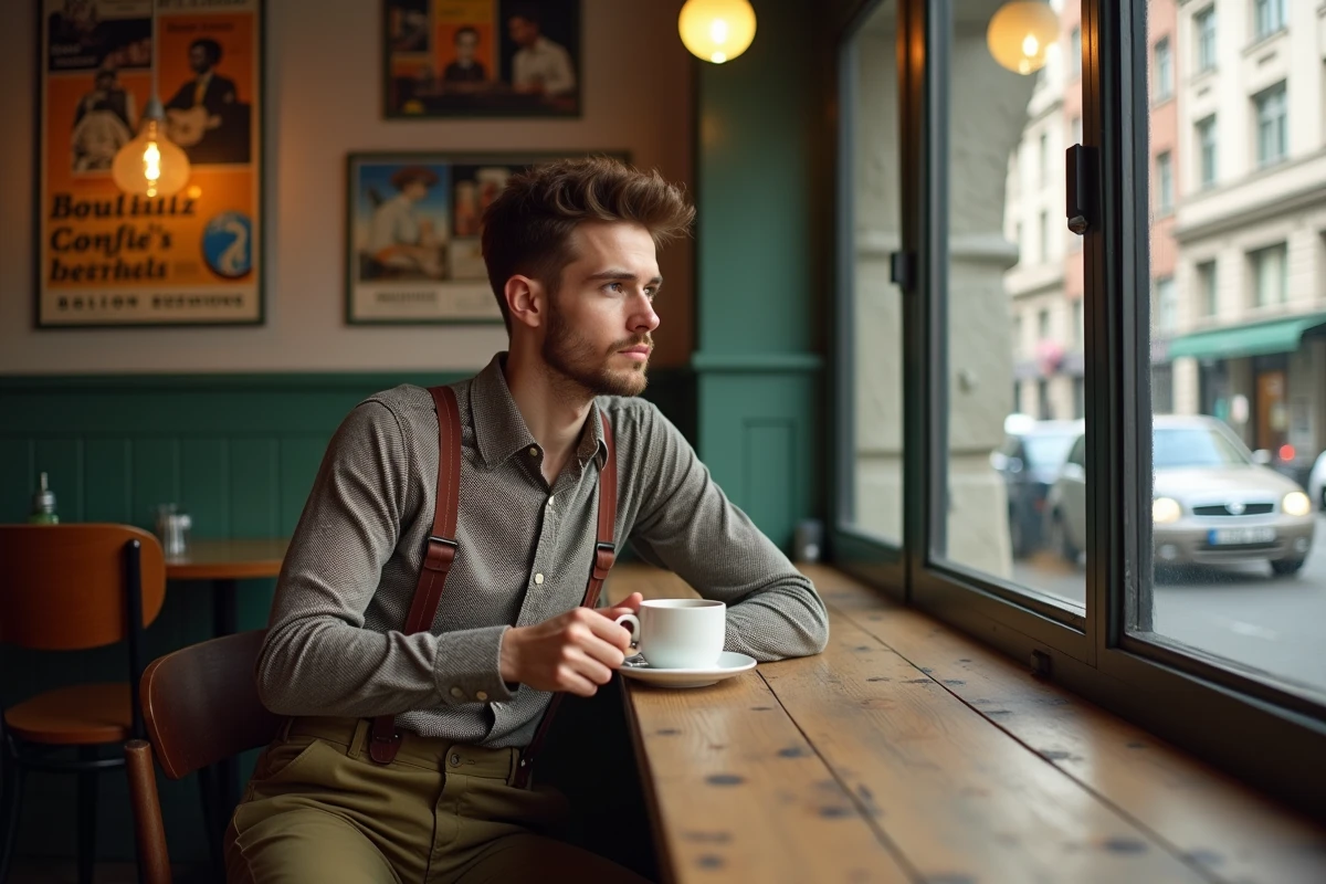 Homme assis dans un café vintage avec tasse de café