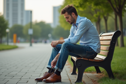 Homme en jeans et chemise ajuste ses chaussures en ville