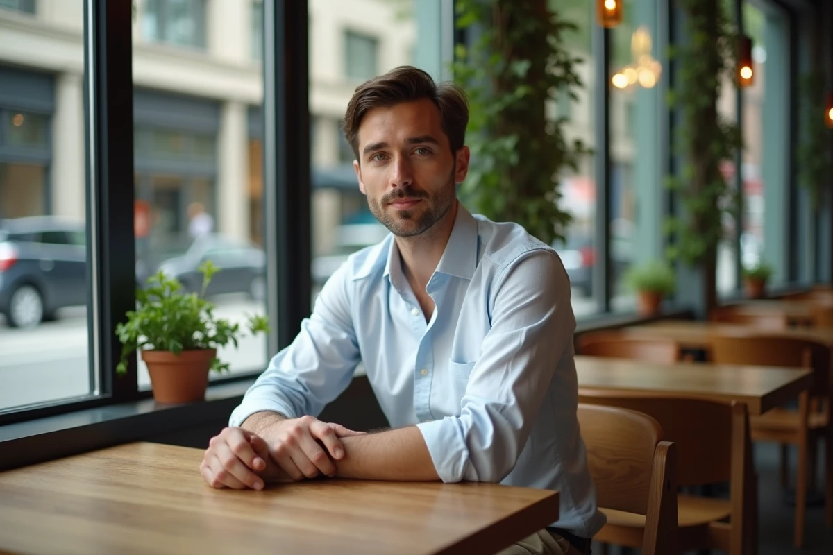 Homme en chemise oxford Uniqlo bien ajustée et chino droit assis dans un café urbain, illustrant un style oversize maîtrisé au quotidien