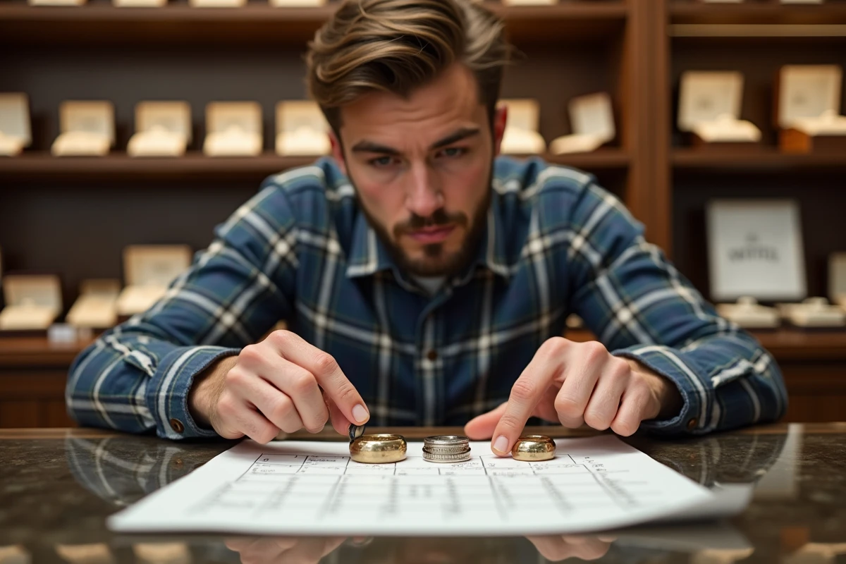 Jeune homme comparant des anneaux de taille dans une bijouterie