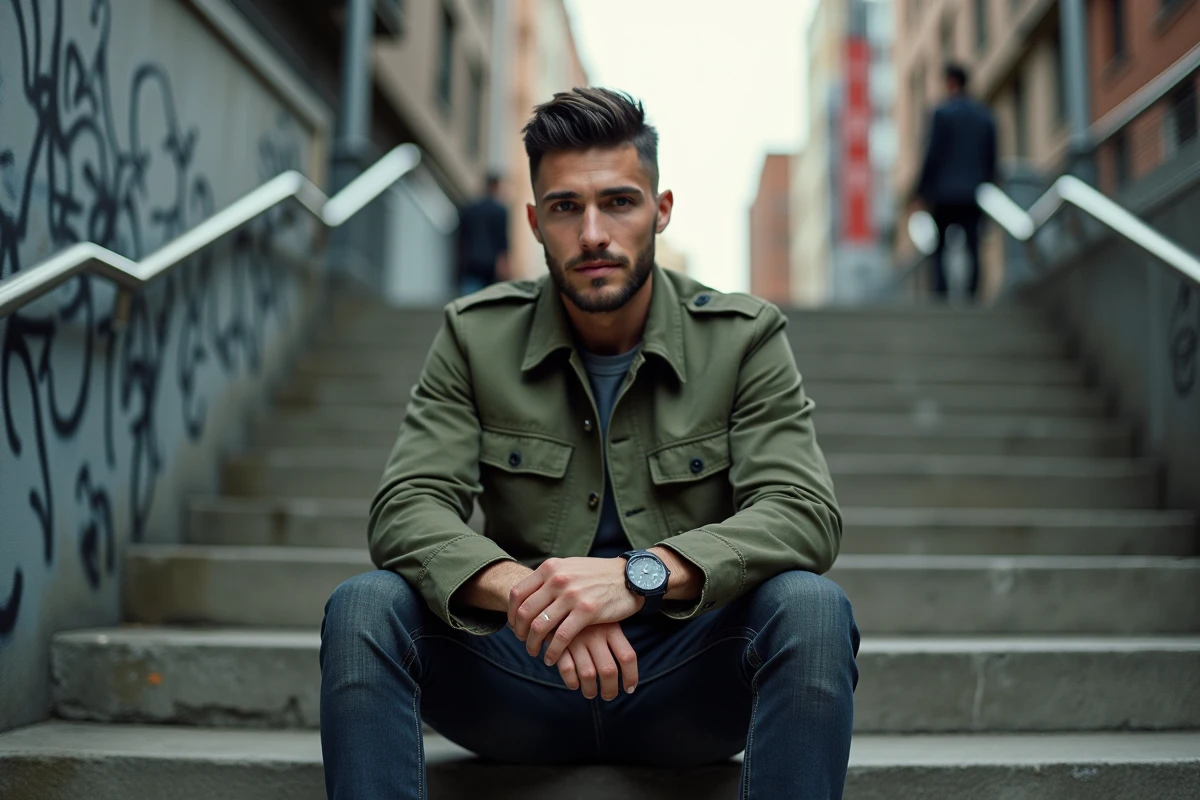Homme avec une coupe texturée et un dégradé net assis sur des escaliers urbains, tendance coiffure masculine Instagram 2026