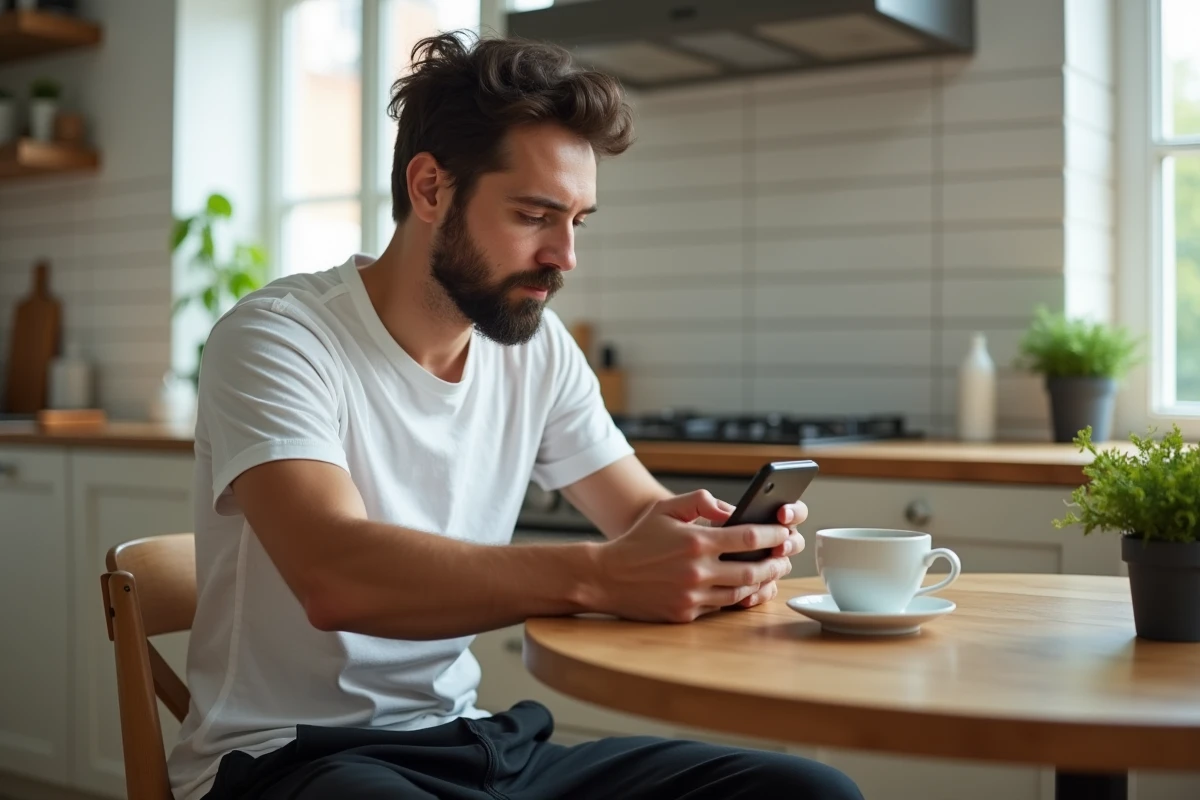Homme pensif avec son smartphone dans une cuisine lumineuse