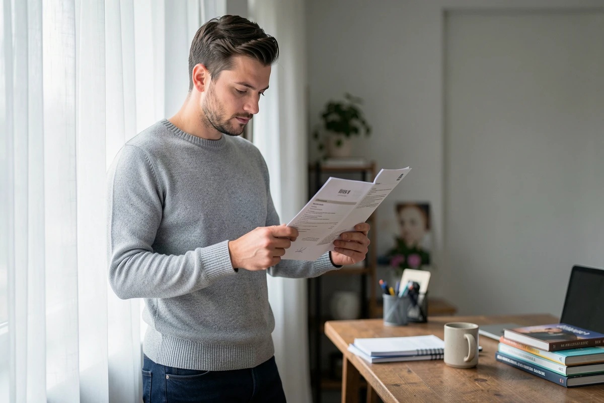 Homme relisant son CV pour postuler à un emploi chez H&M depuis son bureau à domicile