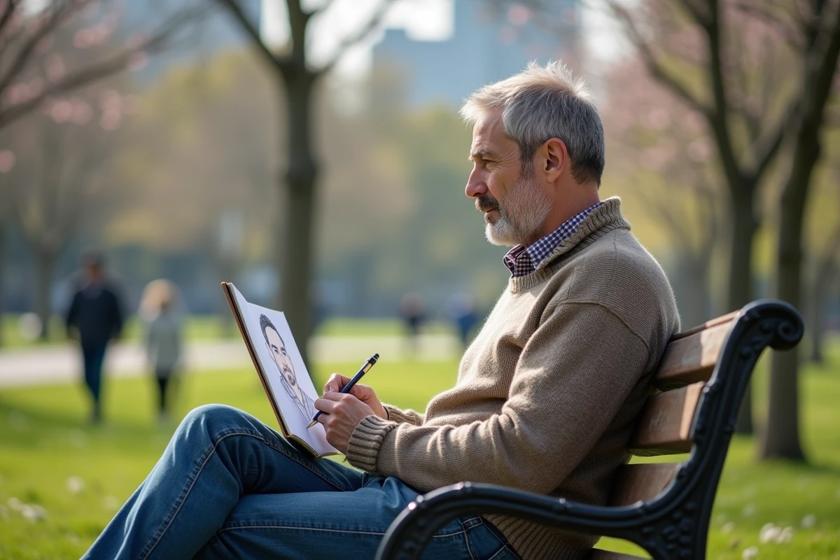 Homme dessinant son portrait dans un parc urbain au printemps