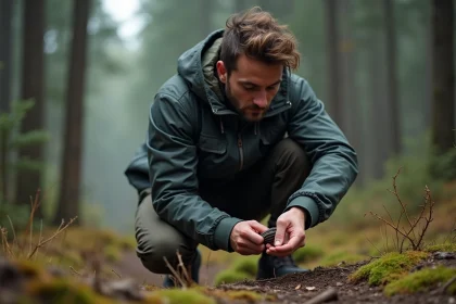 Jeune homme attachant un bracelet de survie en paracord en for&ecirc;t