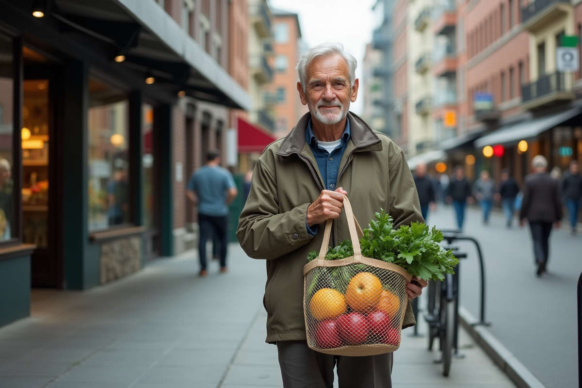 Homme âgé avec sac de courses dans une rue urbaine