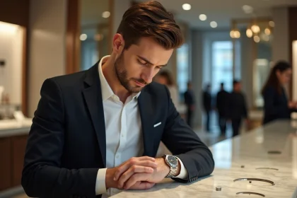 Homme regardant une montre en bijouterie moderne