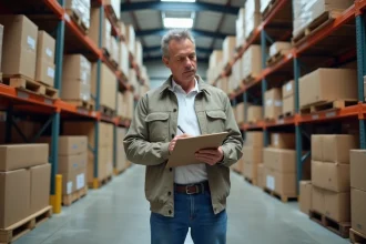 Homme d'âge moyen vérifiant l'inventaire dans un entrepôt organisé