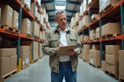 Homme d'&acirc;ge moyen v&eacute;rifiant l'inventaire dans un entrep&ocirc;t organis&eacute;