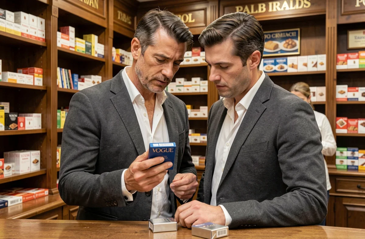 Homme lisant attentivement un paquet de cigarettes Vogue bleues dans un bureau de tabac français traditionnel