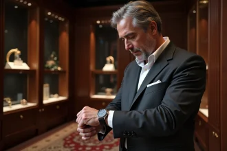 Homme en costume sur mesure admirant une montre de luxe rare dans une galerie privée de montres de collection
