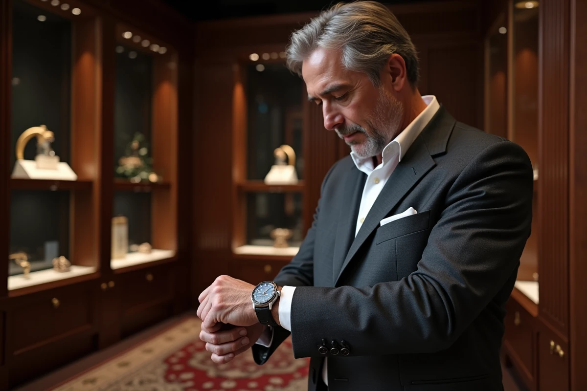 Homme en costume sur mesure admirant une montre de luxe rare dans une galerie privée de montres de collection