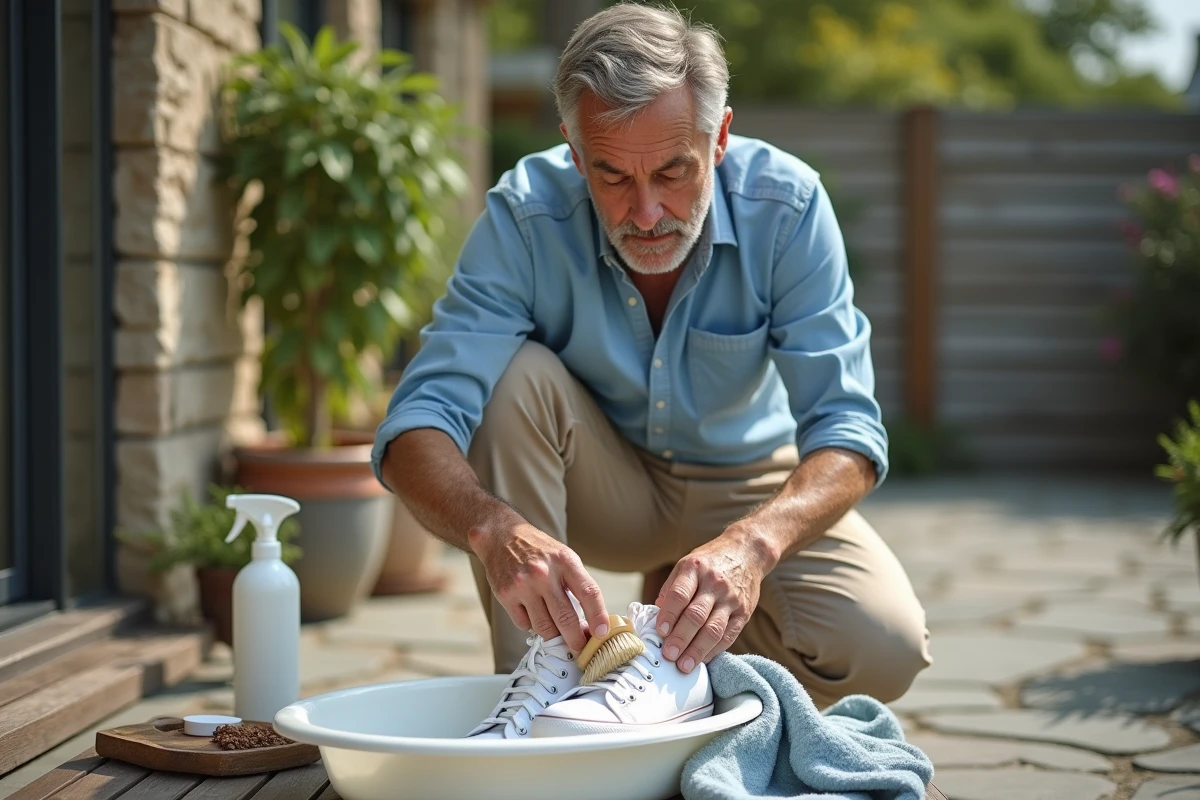 Homme nettoie des sneakers blancs sur un patio ensoleille
