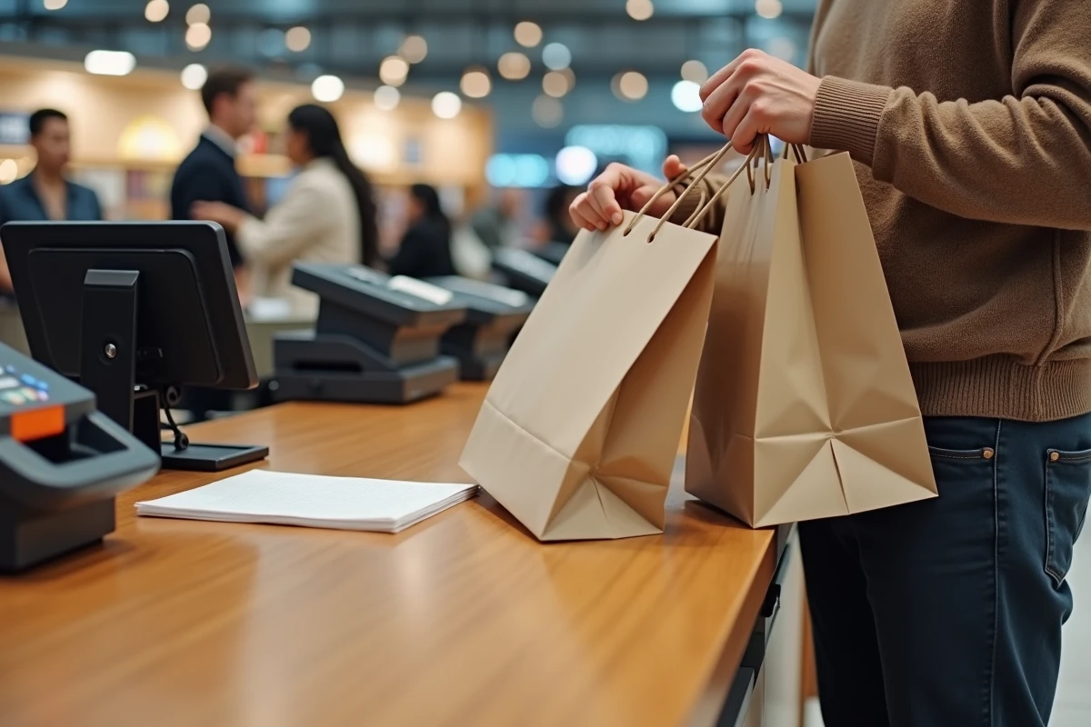 Homme organisant ses sacs et liste au comptoir du centre commercial