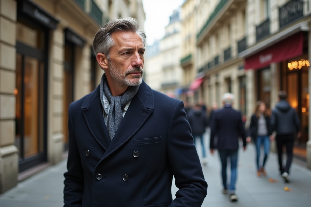 Homme confiant marchant dans une rue parisienne élégante