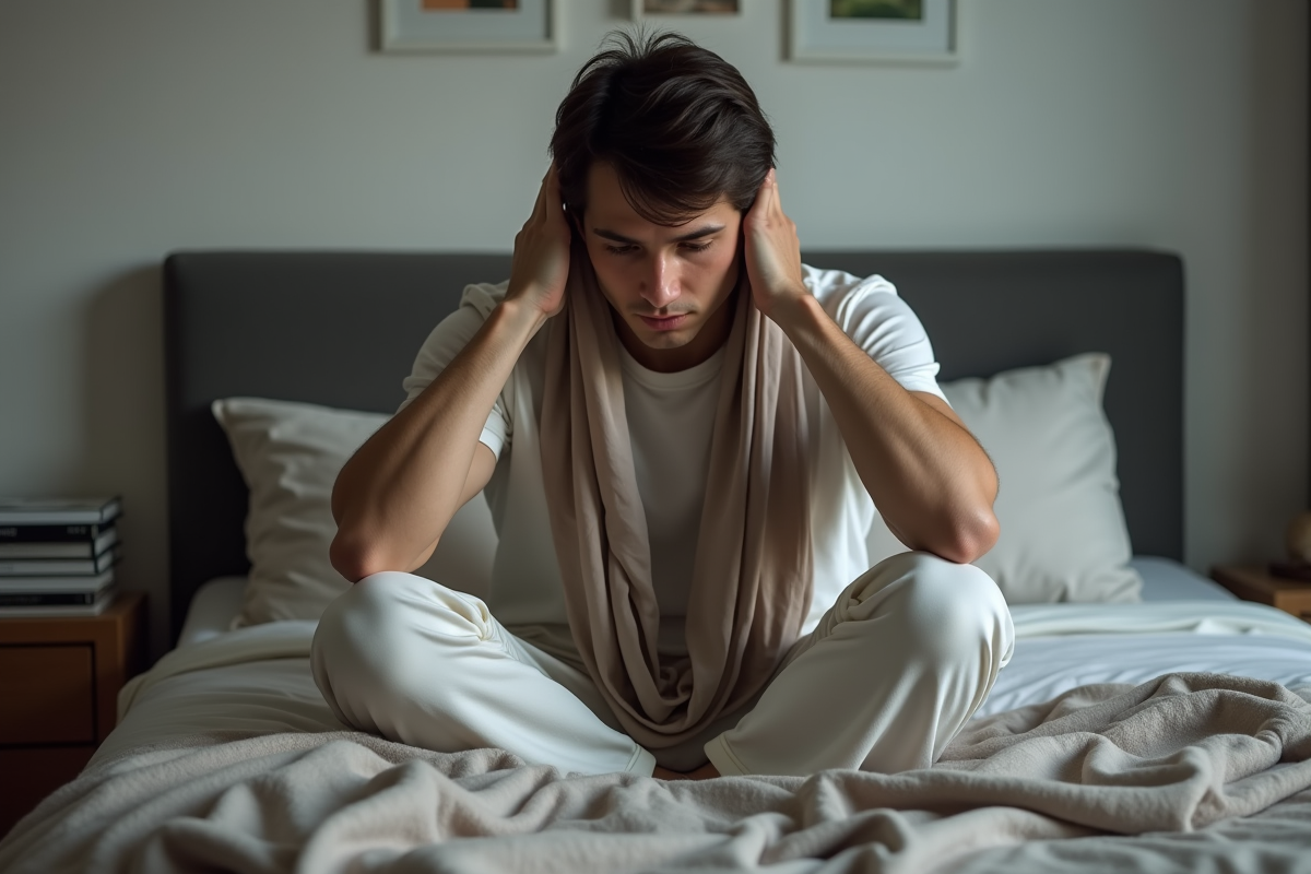 Jeune homme ajustant un foulard en soie pour la nuit