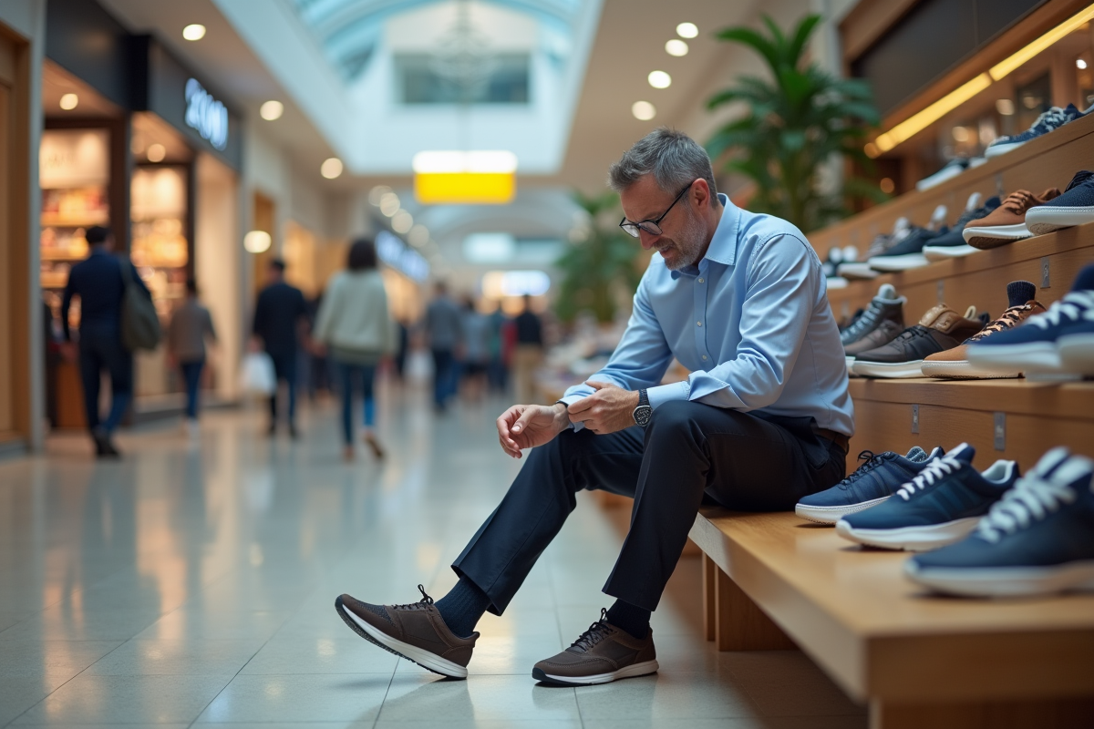Homme essaie des baskets dans un centre commercial animé