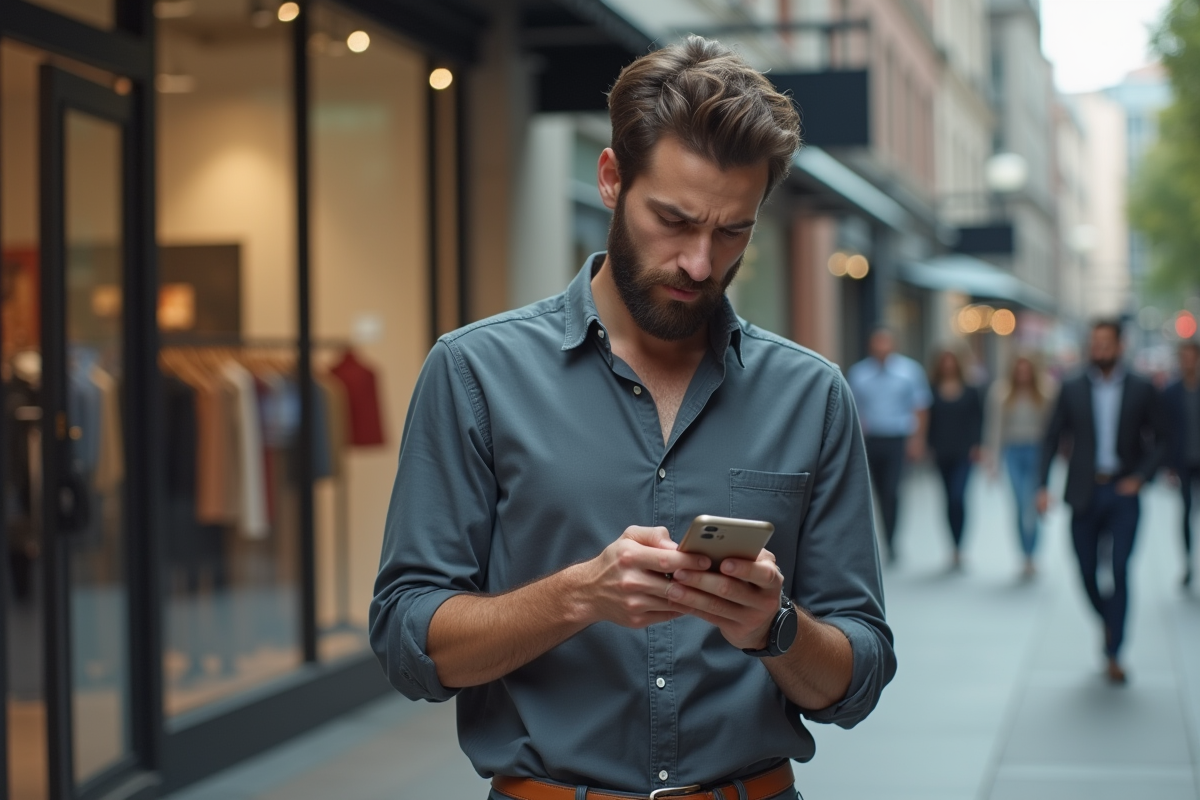 Homme d affaires regardant son smartphone dans une rue commerçante urbaine