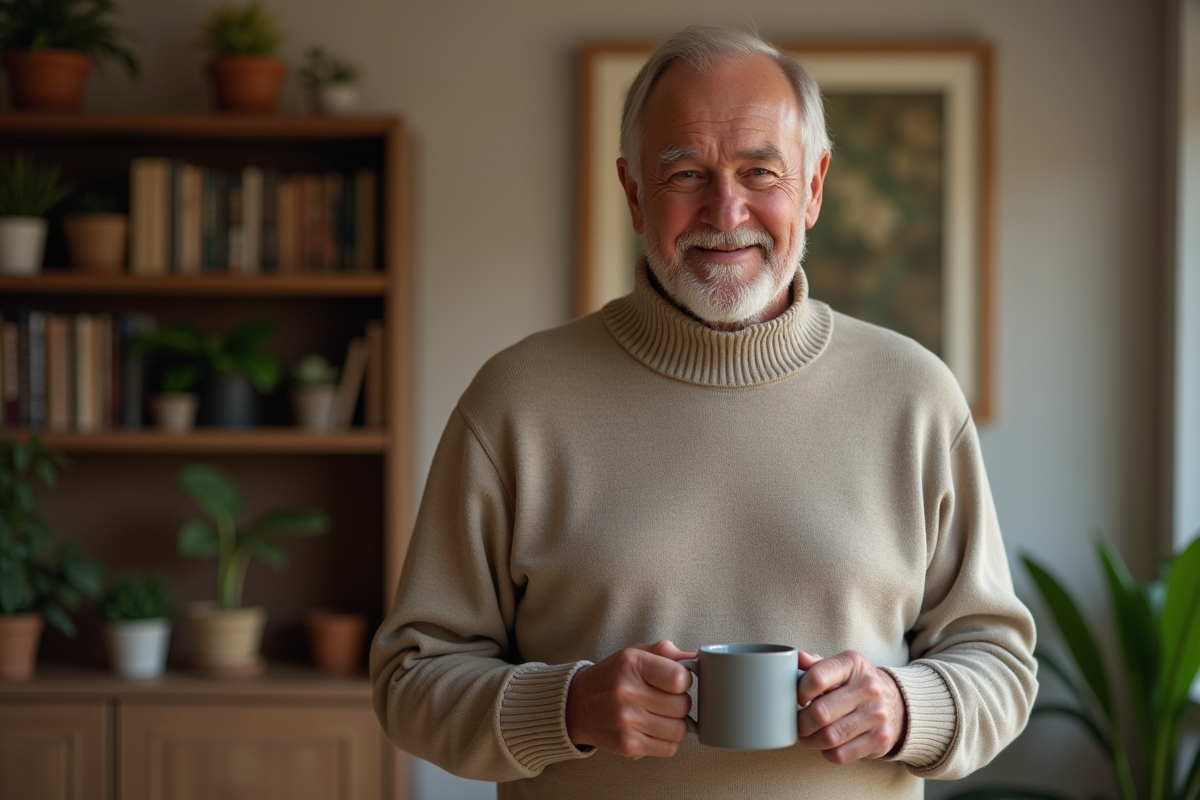 Homme plus âgé souriant dans un salon chaleureux
