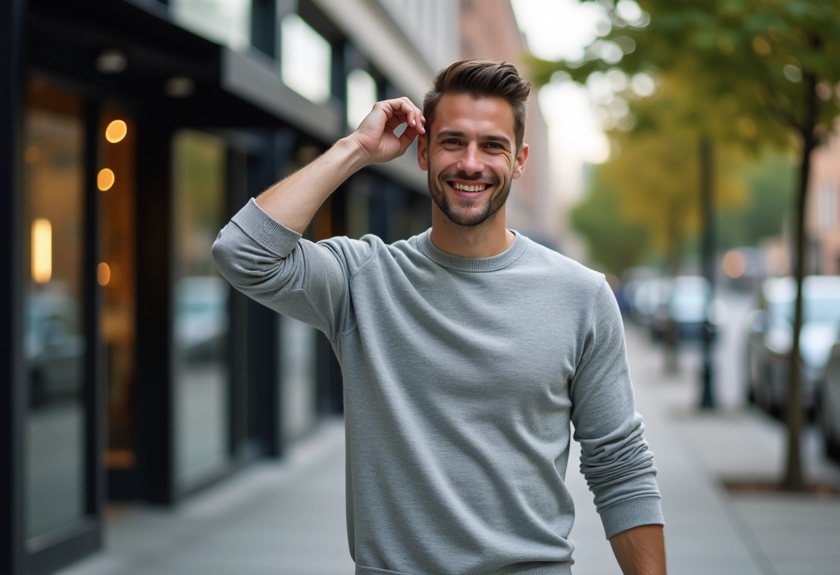Homme décontracté marchant en ville avec une coupe tendance