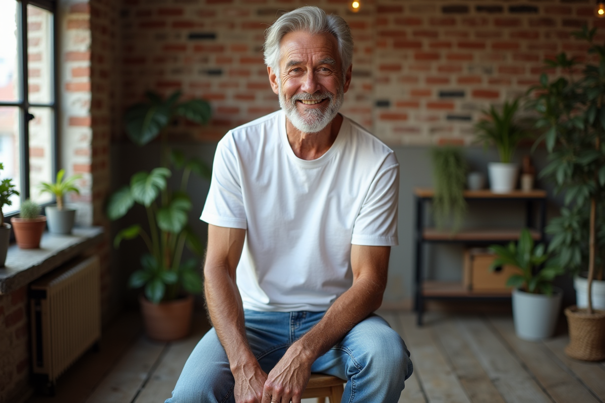 Homme détendu en studio avec jeans et t-shirt