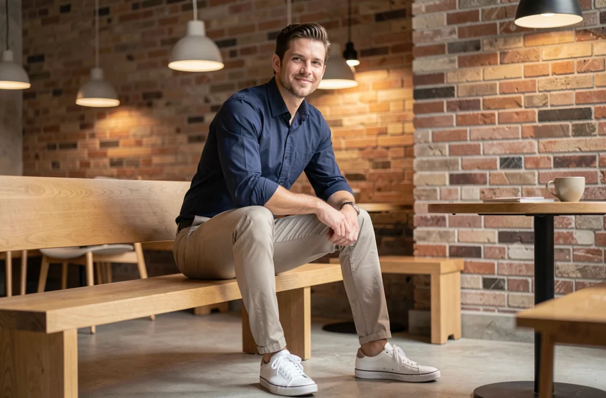 Homme en style casual chic avec chino beige et chemise Oxford bleue assis dans un café moderne