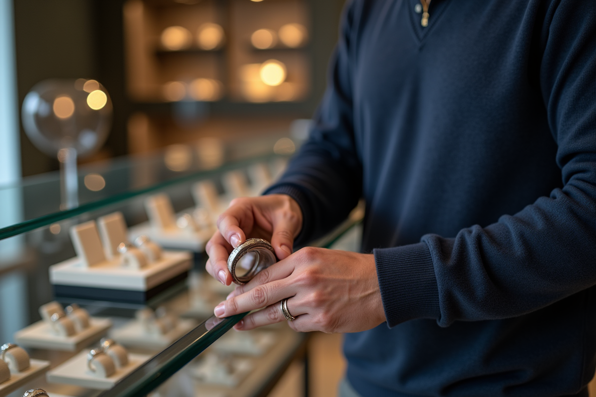 Homme essayant un anneau dans une bijouterie moderne