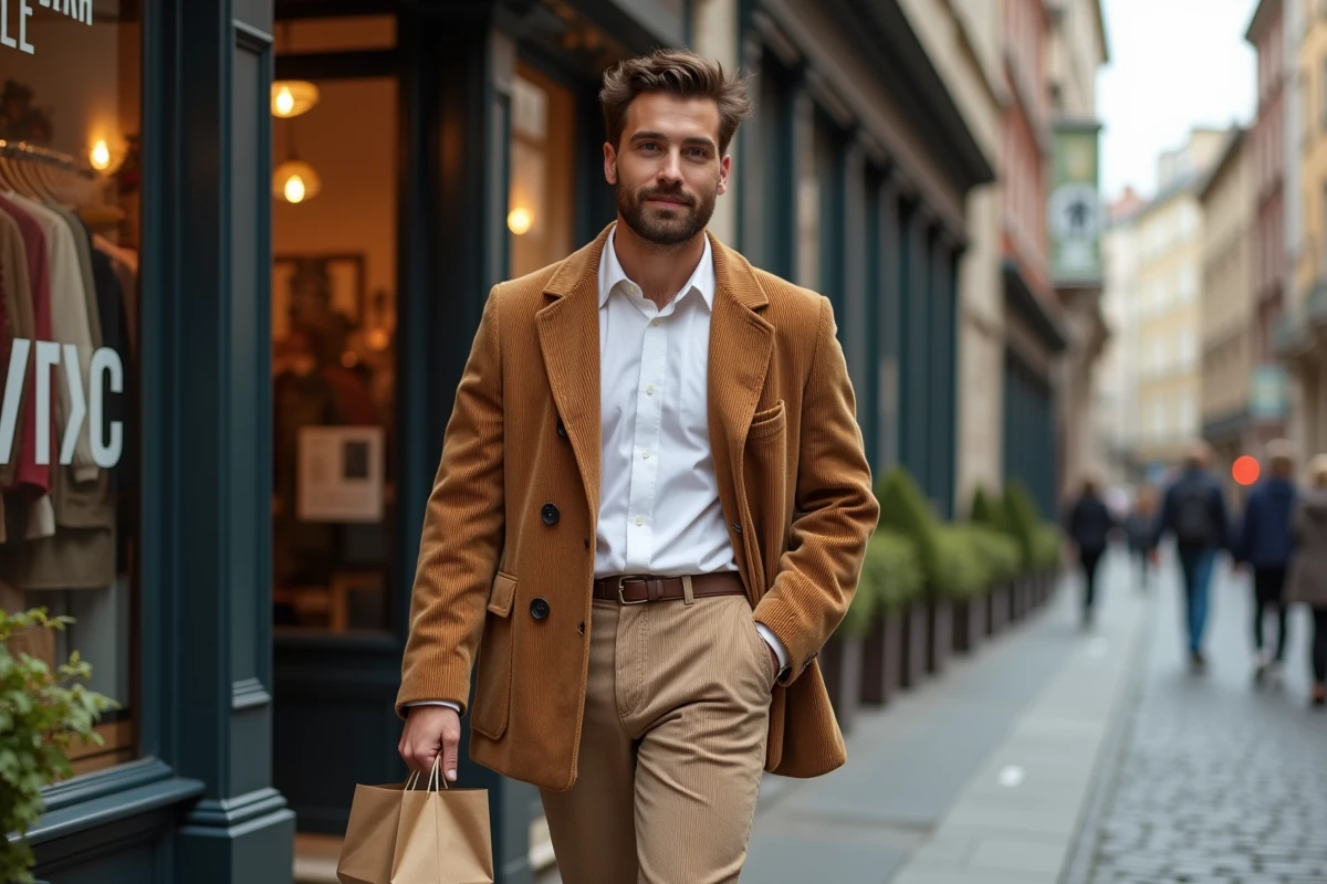 Jeune homme élégant en veste en velours côtelé vintage sortant d'une friperie chic sur une rue pavée urbaine