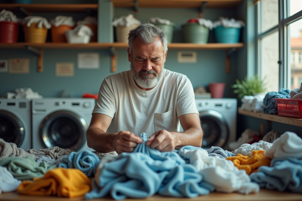 Homme triant des textiles dans une laverie lumineuse