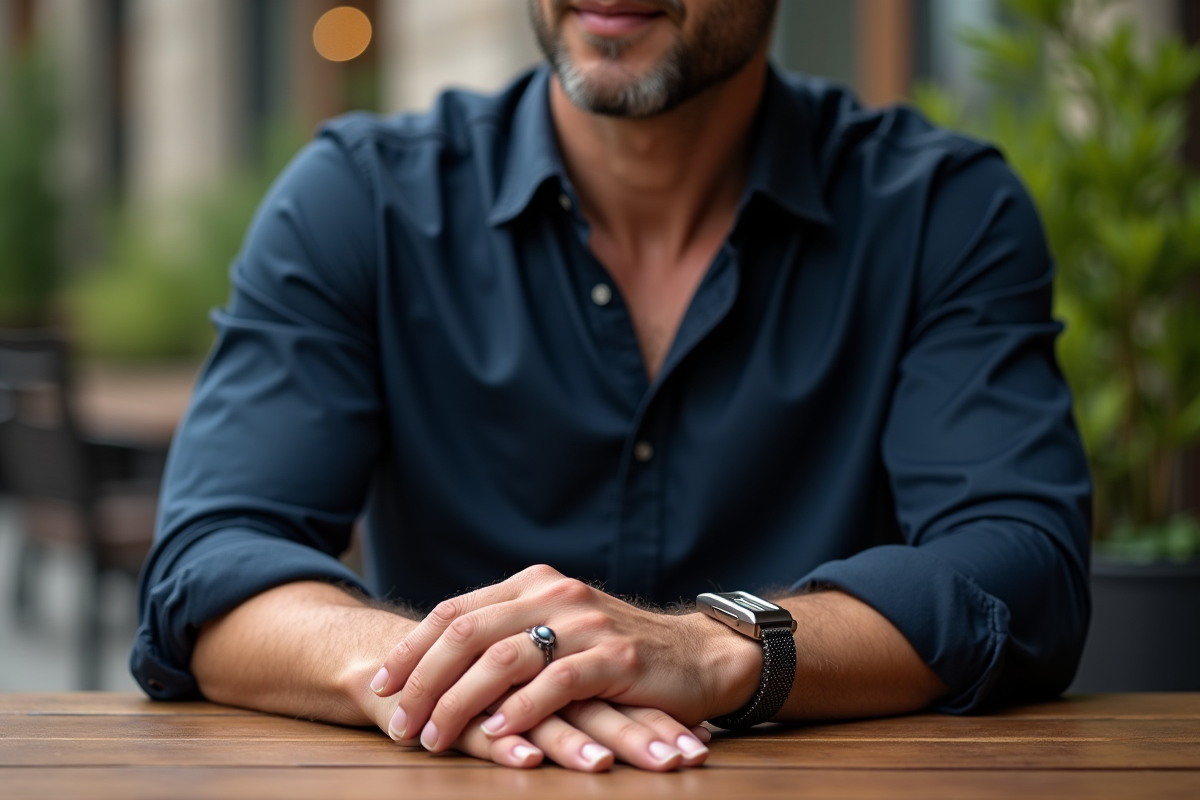 Homme d age moyen avec bijoux dans un café en plein air