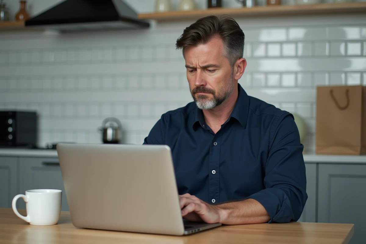 Homme scrutant une fiche produit en ligne avec une marque inconnue de type Sonstige sur son ordinateur portable