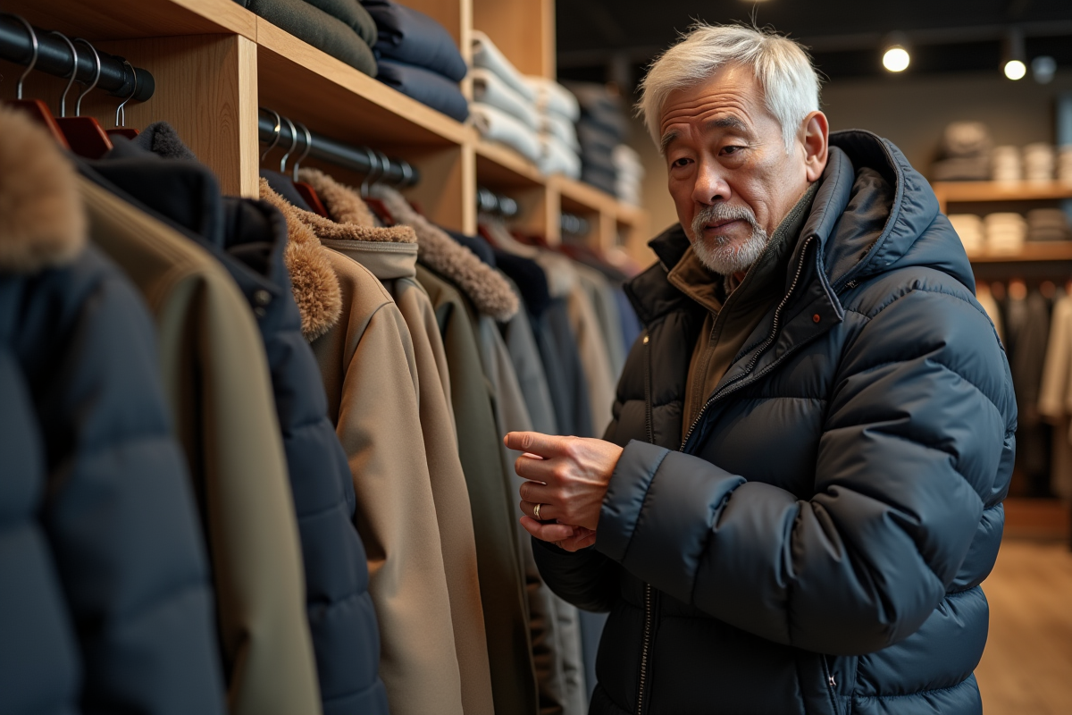 Homme âgé examinant des manteaux en boutique