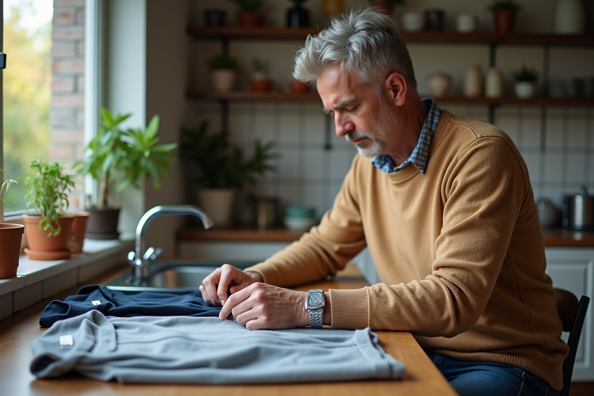 Homme compare étiquettes de t-shirts à la maison