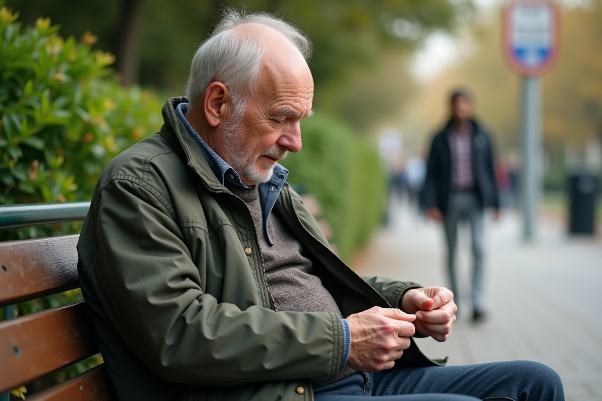Homme âgé assis sur un banc dans un parc en examinant sa veste usée